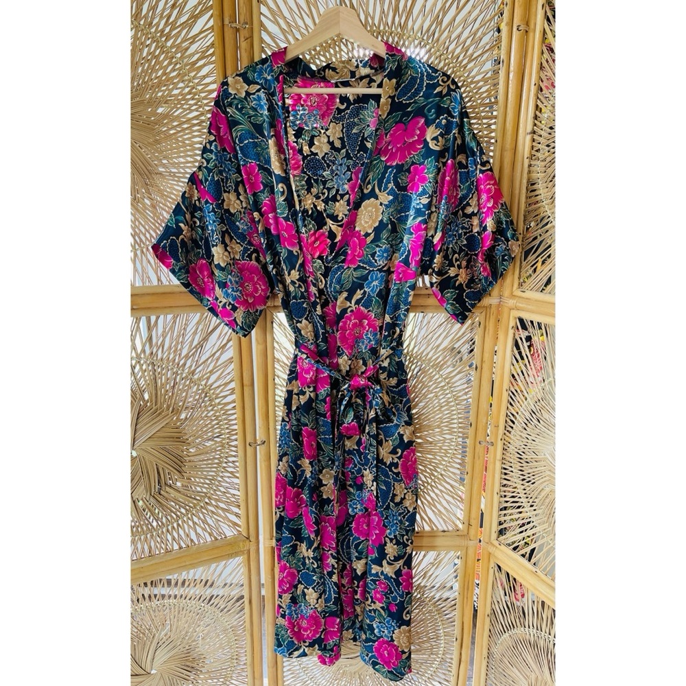 Vintage Cinema Etoile Sexy Silk Pink Floral Flower Print Lingerie Robe - Picture 4 of 8